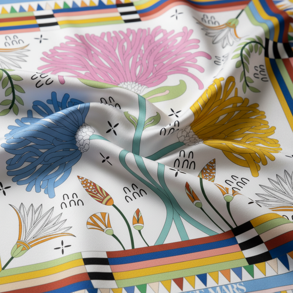 明亮三色花卉真絲圍巾特寫