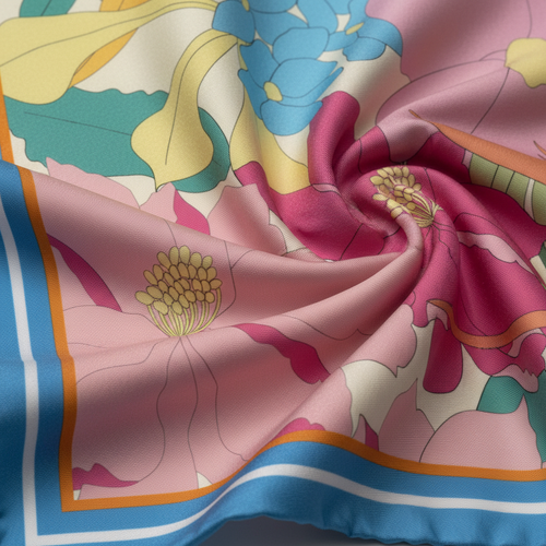 花園圖案真絲圍巾 - 精緻質感特寫