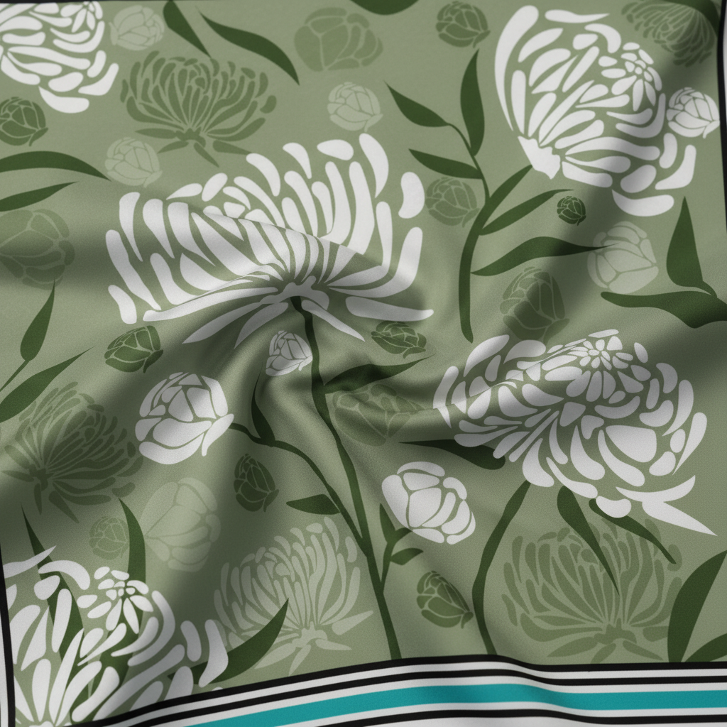 菊花圖案真絲圍巾 - 精緻質感特寫