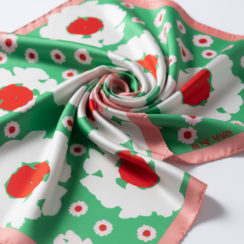 明亮春日綠色花朵圖案真絲圍巾超近特寫