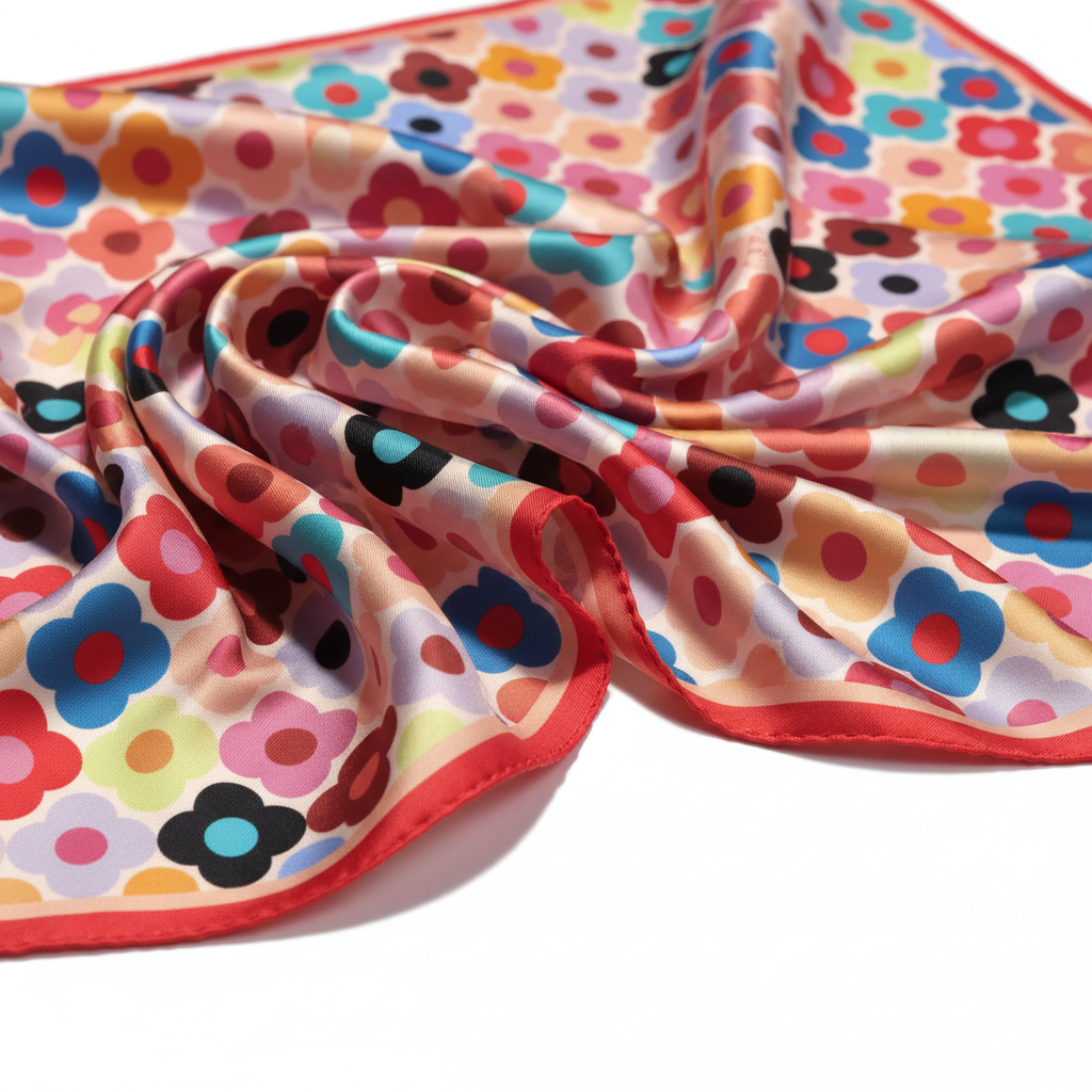 明亮彩色花朵圖案真絲圍巾超近特寫