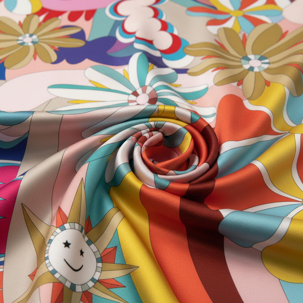 明亮復古太陽花圖案真絲圍巾超近特寫