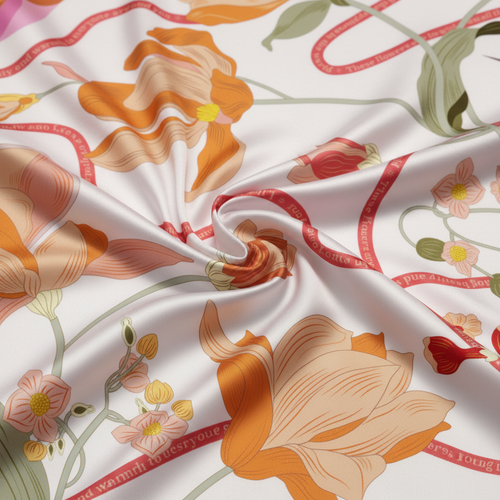 明亮蜂鳥花卉圖案真絲圍巾超近特寫